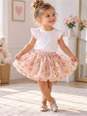 KIDS Disney Minnie Mouse Girls Pink Gold Tulle Bubble Hem Skirt 2T